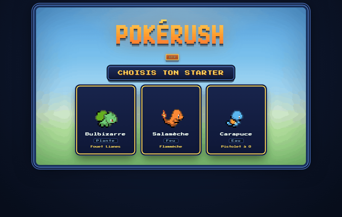 Démo animée du prototype PokeRush : choix du starter, tutoriel, combat idle et HUD pixel art.