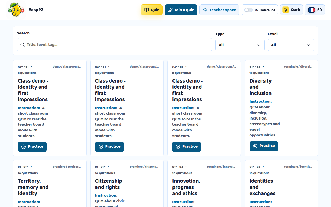 Capture du catalogue Quiz English avec recherche, filtres, espace professeur et cartes de quiz